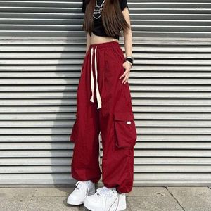 Pantalon Femme Femmes Streetwear Cargo Joggers Poches à jambes larges Coréen Harajuku Casual Solide Baggy Droit Vin Rouge Pantalon A387