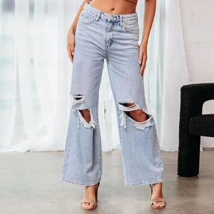 Pantalon femme Streetwear trou bleu jean Y2k jambes larges taille haute Denim vêtements de sport amples pantalon de survêtement