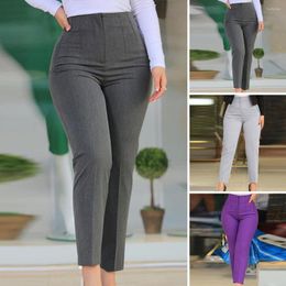 Pantalones de mujer Traje de mujer Cintura alta Bolsillos plisados Pantalones de negocios Noveno largo Señora Color sólido Pierna recta