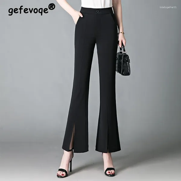 Pantalon Femme Femmes Summer Solid Slit Élégant Costume évasé Tendance Slim Taille Haute Business Casual Office Lady Pantalon court Pantalones