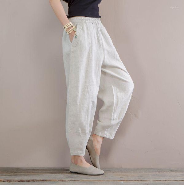Pantalon Femme Femme Eté Mince Lin Taille élastique Couleur unie Beige Pour Femme Décontracté Dames Vintage Pantalon
