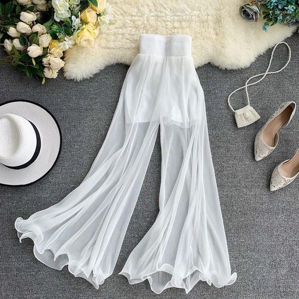 Pantalones para mujer Mujeres Verano Pierna ancha con volantes cola de pescado acampanada cintura elástica plisada moda tul blanco aire acondicionado A16