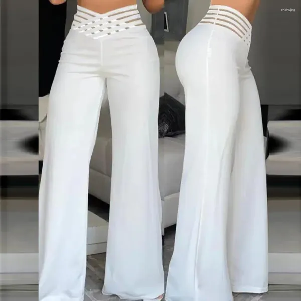 Pantalones de mujer Pantalones de pierna ancha acampanados otoño casual entrecruzado parche de malla transparente pantalones de cintura alta Y2k streetwear elegante pantalón de trabajo