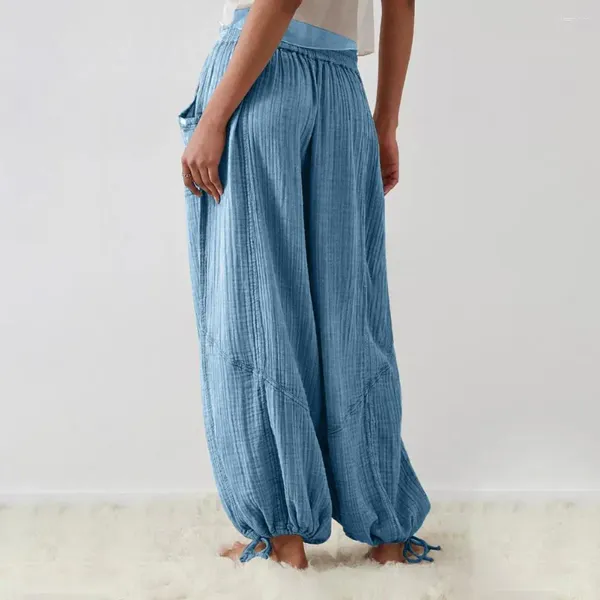 Pantalones de mujer Pierna ancha de la cintura elástica de las mujeres con pliegues de la entrepierna profundas con los bolsillos con pada de tobillo para comodidad casual