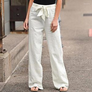 Pantalon femme femmes jambe large taille haute ceinture couleur unie décontracté coton lin longue droite femme longueur cheville pantalon