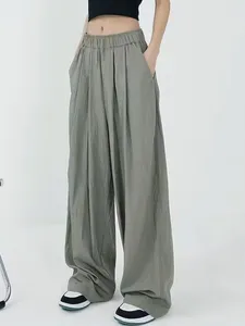 Damesbroek vrouwen wijd been vaste kleur elastisch casual losse strandbroek voor werk kantoor streetwear