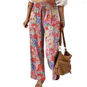 Pantalon féminin Femmes à la jambe large printemps imprimé floral hauteur haute jambe large avec des poches à cravate réglables pour pantalon