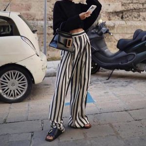 Pantalon Femme Femmes Y2K INS Vêtements Élégant Taille Haute Lâche Blanc Noir Longueur Au Sol Pantalon De Survêtement Pantalon À Rayures Jambe Large