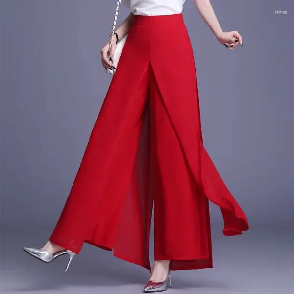 Pantalon féminin Femme en mousseline de soie longue femme streetwear streetwear lâche couleurs de couleur femme haute taille élastique large jambe rouge z604