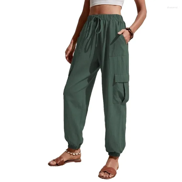 Pantalones de mujer para mujeres con cordero cintura elástica carga color sólido de pierna ancha jogger pantalones pantalones de chándal con múltiples bolsillos