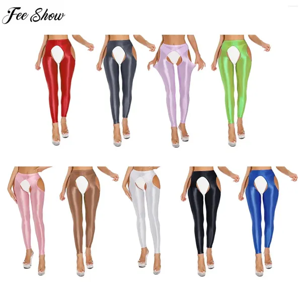 Pantalones de mujer Leggings de corte brillante para mujeres Leggings altos de la cintura ABIERTA ABRIBA HOJO HOLK OUT EL TRABAJO DE YOGA ESTUCHO DEL ESTRO ENCUENTRO