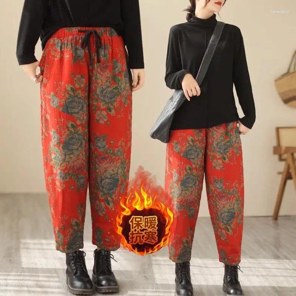 Pantalones de mujer coreanos Otoño Invierno Floral Retro sueltos cálidos pantalones de pierna ancha de gran tamaño ropa artística Z3536