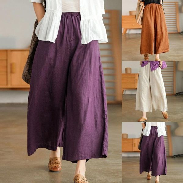 Pantalones de mujer de gran tamaño, pierna ancha, verano, algodón, lino, informal, estilo japonés, sueltos, con bolsillo, cintura elástica, pantalones transpirables