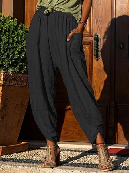 Pantalones de mujer para mujer plisados fluidos de algodón y lino con cordón elástico en la cintura Harem Palazzo pantalones de yoga ropa de calle