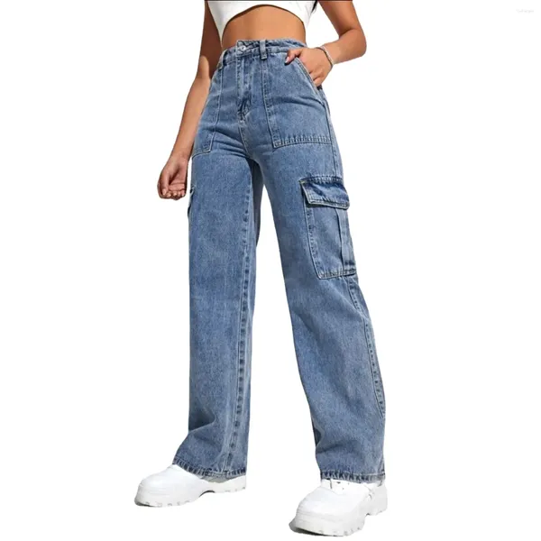 Pantalones de mujer Pantalones vaqueros con bolsillos para mujer Pantalones casuales de cintura alta de calle sueltos Cargo Denim Bell Bottom Jean para mujer