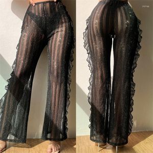 Pantalones de mujer Sexy Sheer Mesh Ruffle Pant Shiny Glitter Vertical Striped See-Through traje de baño Bikinis Bottom Cover Up