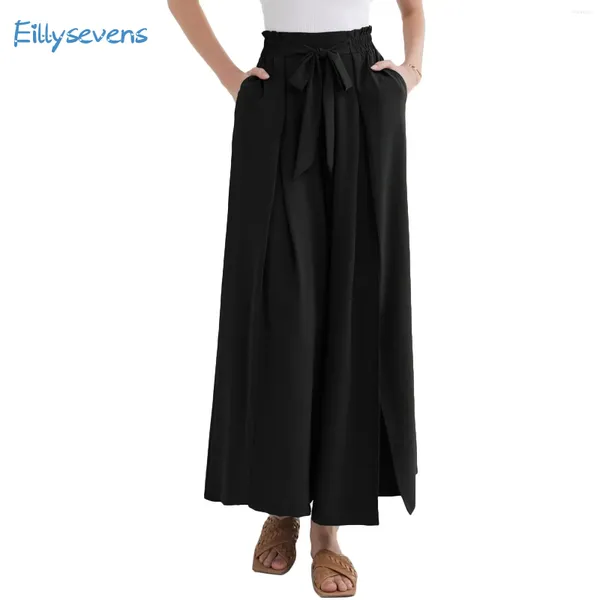 Pantalones para mujeres Summer de verano Casual con la cintura alta en pierna ancha Fluida con bolsillos con hendidura de color sólido Hogar diario