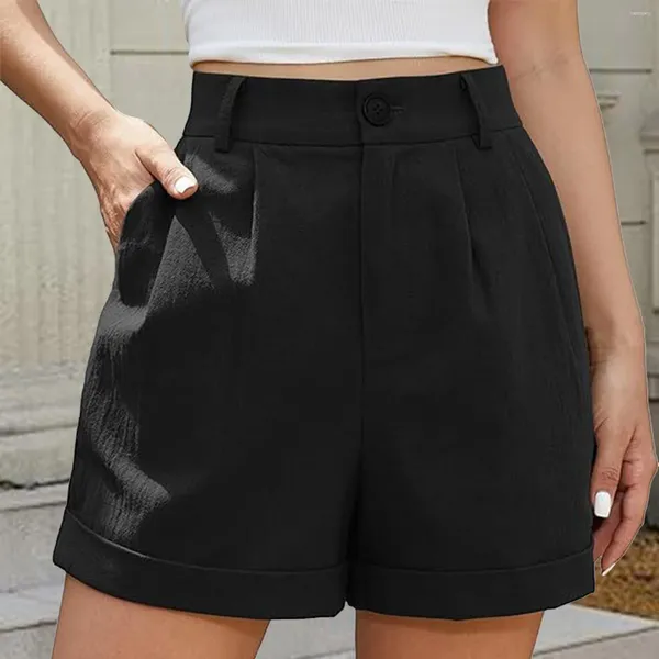 Pantalon féminin Femmes Summer High Taise Shorts Roule Roule Roule d'assouplissement enveloppe à fermeture éclair plissée Ligne large avec des poches