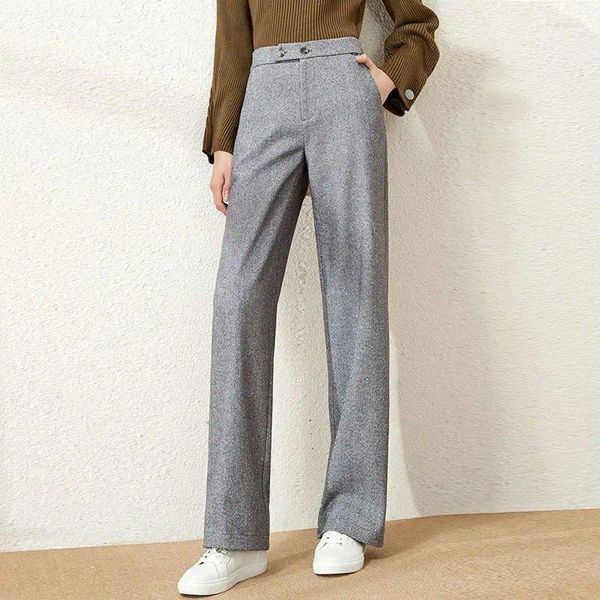 Pantalones de mujer de lana de pierna ancha Otoño Invierno Oficina señora cintura alta suelta tubo recto Casual pantalones de trabajo de longitud completa