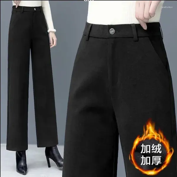 Pantalones de mujer Pierna ancha de lana más terciopelo Mujer Cintura alta Rayas Pantalones holgados de invierno Pantalones rectos de oficina Pantalones de trabajo gruesos