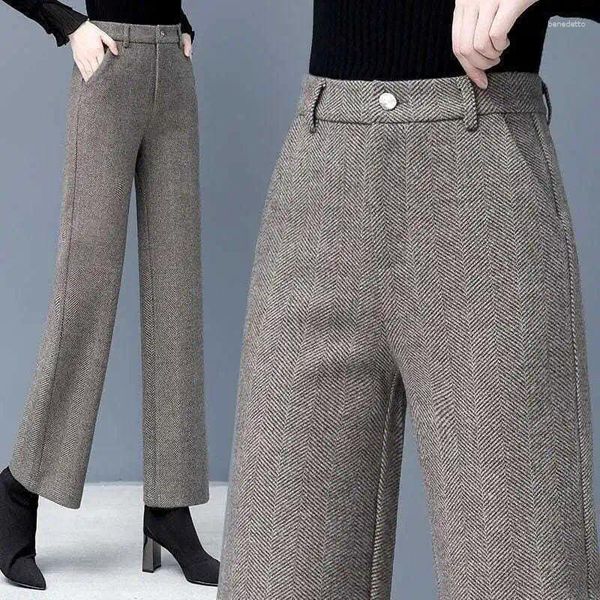 Pantalones de mujer Pantalones de lana de pierna ancha Mujer Otoño e invierno Cintura alta Drapeado Mujer Casual Grueso Suelto Pantalones rectos MOKIJINS