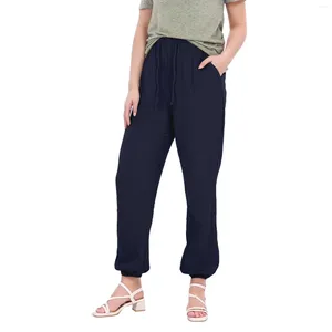 Damesbroek werk dragen vaste kleur eenvoudig afslanke elastische taille pocket home pyjama panty losse comfortabele atletische broek