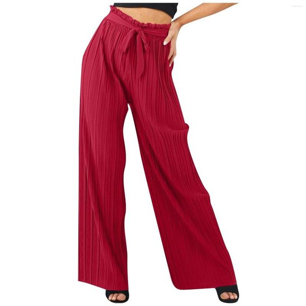 Pantalones de mujer tejidos plisados pierna ancha dividida bolsa de papel casual pantalones fluidos cinturón forrado estiramiento damas