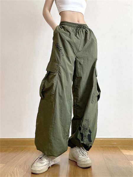 Pantalones de mujer Wsevypo verde militar holgados Cargo cintura elástica cordón letras estampado pantalones largos sueltos con ropa de calle con bolsillos