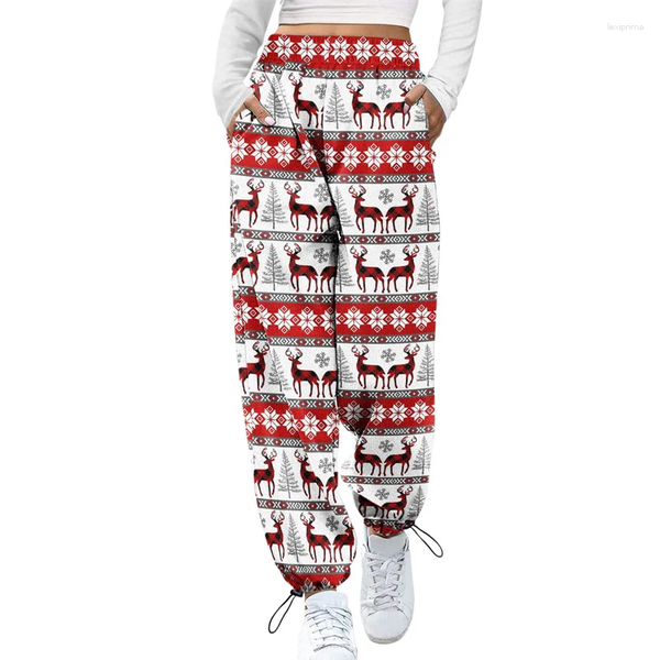 Pantalones para mujer Xingqing Mujeres Navidad Estilo clásico Elk Santa Claus Imprimir Pantalones con cordón Pijamas con bolsillos Ropa de dormir