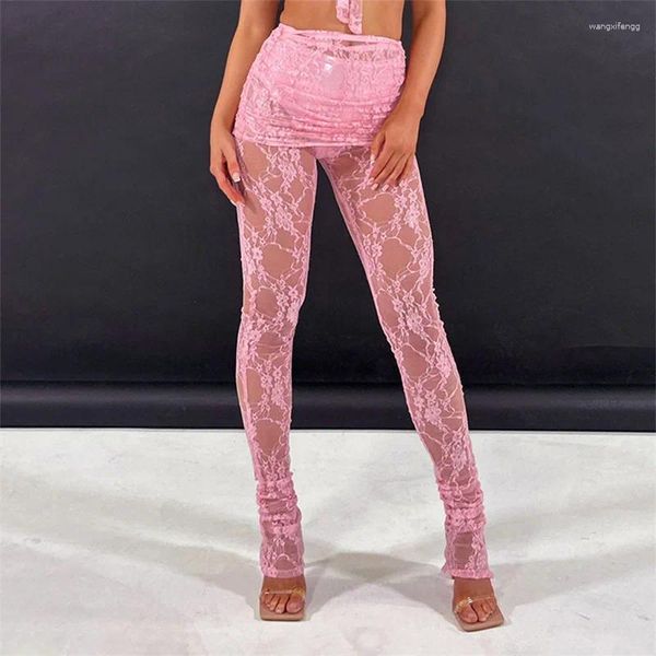 Pantalones para mujer Xingqing Y2k Lace Mujeres Ver a través de Ruched Elástico Cintura Alta Flaco Lápiz Pantalones 2000s Ropa Party Club Streetwear