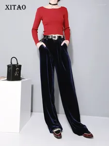 Damesbroeken Xitao Fashion Women Full Lengte Wide-Leg Losse vorm Mid Taille Solid Color Casual Style Spring Velvet SSB-056