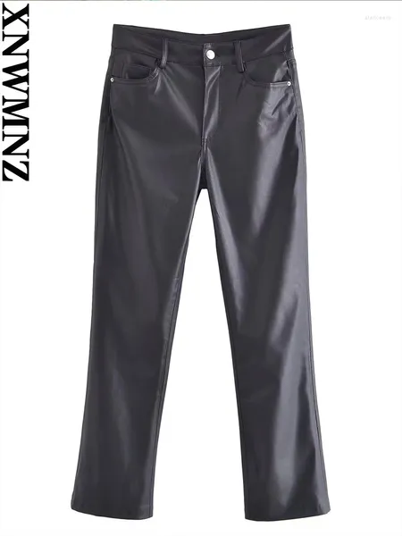 Pantalon Femme XNWMNZ 2024 Femmes Mode Faux Cuir PU Mini Pantalon Flare Femme Rétro Taille Haute Poches À Fermeture Éclair Femme Chic