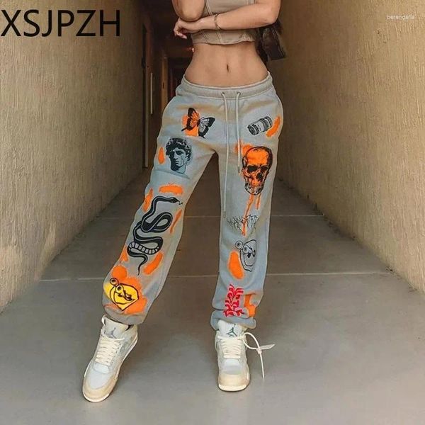 Pantalons Femmes Xsjpzh Joggers Femmes Vêtements Pantalon Vintage Streetwear Cordon Cargo Pantalon Crâne Imprimer Harajuku Dessin Animé