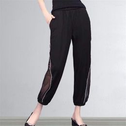 Pantalones de mujer Y2K ropa de verano Sexy malla transparente Patchwork diamantes Harem coreano elegante negro fino Pantalones de seda de hielo Pantalones