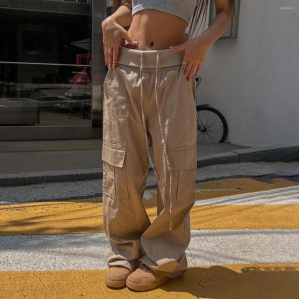 Pantalones de mujer Y2K femenino caqui cordón coreano bolsillos casuales pantalones cargo pantalones holgados pantalones de chándal pierna ancha cintura alta streetwear pantalones