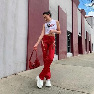 Pantalon femme Y2K évider à lacets en cuir PU Harajuku Vintage taille haute pansement pantalon rouge Grunge Punk Streetwear taille