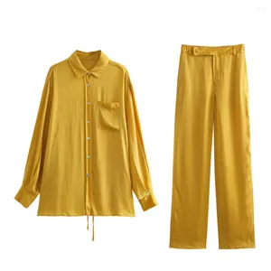 Pantalon femme chemise en Satin jaune et automne ample décontracté à manches longues bouton dos cravate Blouse évasée pyjama Style Blouses