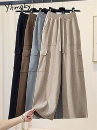 Pantalon féminin Yitimoky Tricoted Cargo Femmes Automne Hiver 2024 Vintage DrawString large jambe décontractée.