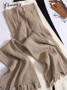 Pantalon féminin Yitimoky Tassel tricoté pour les femmes automne hiver 2024 Haute taille décontractée flare dames cordon de la longueur