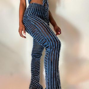 Pantalones de mujer Yj23410 Textura de piel de cintura alta Sexy transparente Bootcut Moda Otoño