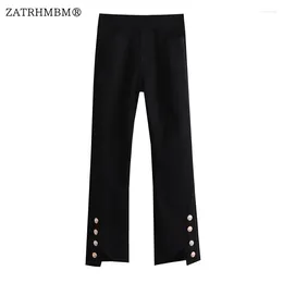 Pantalon femme ZATRHMBM femmes 2023 printemps mode métal bouton décoration Flare Vintage poches latérales taille haute femme pantalon Mujer