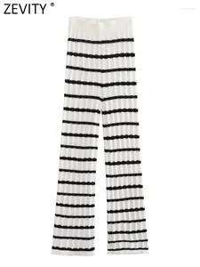 Pantalon Femme Zevity 2024 Femmes Mode Rayé Crochet Tricot Long Femelle Chic Taille Élastique Casual Slim Streetwear Pantalon P4592
