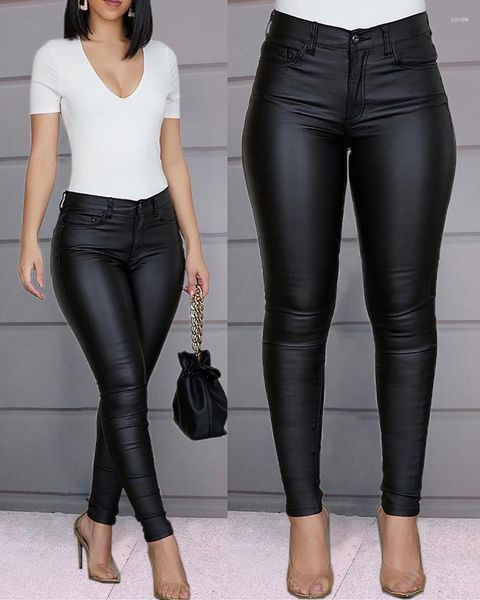 Pantalones para mujer Diseño de cremallera Cintura alta PU Cuero Flaco 2023 Otoño Mujeres Lápiz largo Leggings Bolsillos Sexy Pantalones rectos ajustados