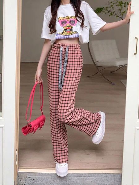 Pantalon Femme Zoki Streetwear Femmes Noir Et Rose Plaid Harajuku Poches Lâches Jambe Large Rétro À Lacets Pantalon Droit Étudiant