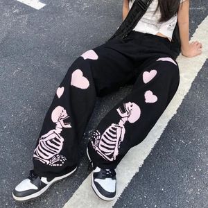 Pantalon Femme Zoki Y2K Vintage Skull Print Long Femmes Gothique Hip Hop Lâche BF Jambe Large Ins Marée Noir Pantalon Décontracté Droit