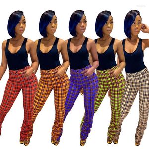 Pantalons pour femmes ZOOEFFBB Sexy Plaid taille haute froncé empilé pantalons de survêtement femmes élastique grande taille maigre cloche bas pantalon Leggings Flare