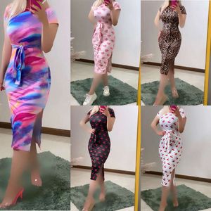 Dames feestjurkontwerper Nieuwe mode afdrukken Split tailleband ronde nek gewikkeld heup slank fit jurk