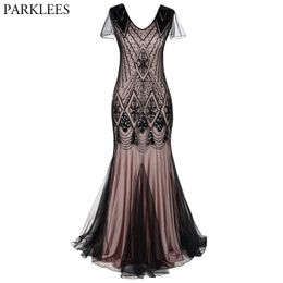 Dames Party Prom Sequin Lange Flapper Jurk Vintage Beaded Lace Sexy Maxi Elegante Jurken met mouw Vestido de Festa Longo 210522