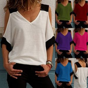 Dames Patchwork Cold Shoulder T-shirt 5XL Plus Size Tops V-hals Half Mouw Vrouwelijke Tee Shirt Zomer Casual T-shirt voor Vrouwen 210518