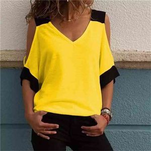 Dames Patchwork Cold Shoulder T-shirt 5XL Plus Size Tops V-hals Half Mouw Vrouwelijke Tee Shirt Zomer Casual T-shirt voor Vrouwen 210628